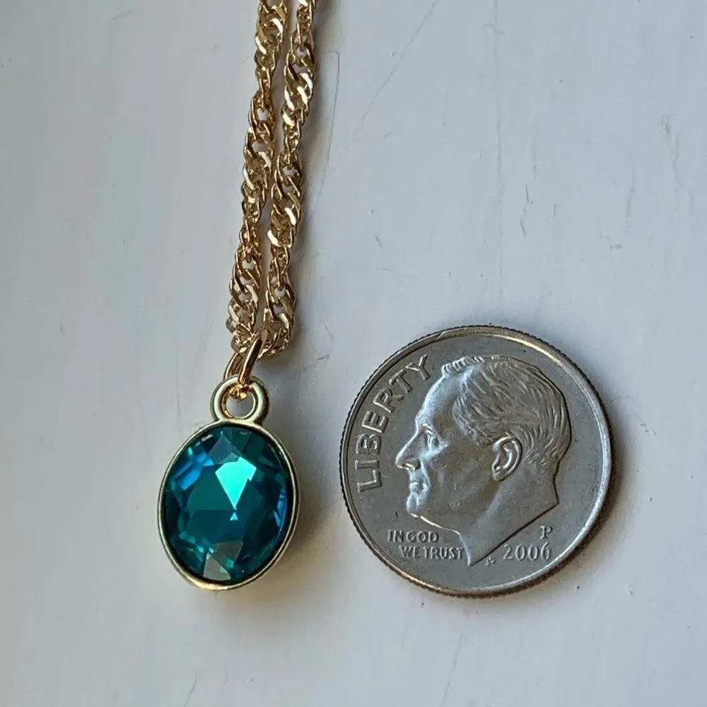 Aquamarine Blue Oval Pendant Necklace - Ocean Blue - Art Deco Style